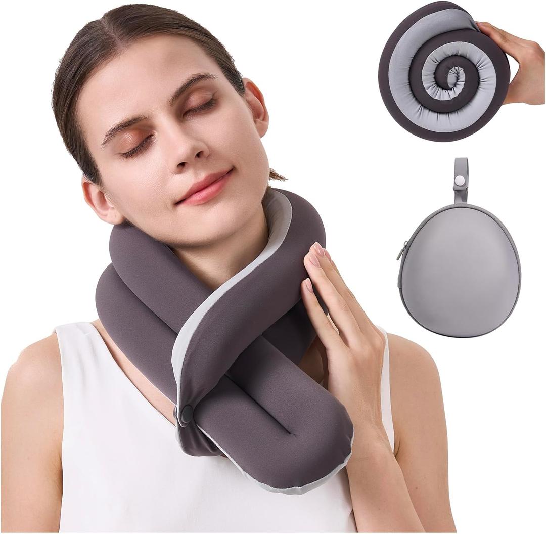 KPNEOL Travel Pillow, Neck Pillow Ergonomic Memory Foam Pillow for Airplane, Adjustable & Ultra-Lightweight with Dual-Sided Fabric for Flight, Car, and Office Use, Grey