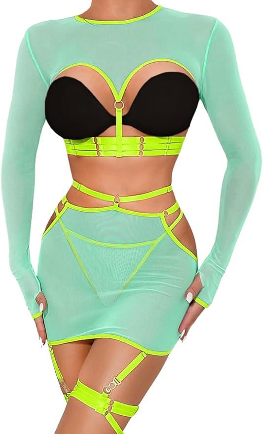 Kaei&Shi Strappy Lingerie,Sheer Mesh Long Sleeve High Waisted Lingeries Skirt Set,Rave Outfits For Women Sexy Festival, 2-4