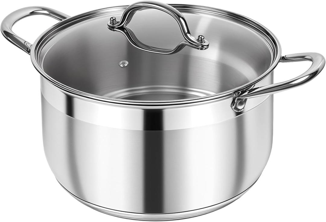 Kirecoo Stainless Steel Stock Pot - 5 Quart Heavy Duty Induction Cooking Pot with Visible Lid for Pasta, Soup, Spaghetti, Nonstick Thick Bottom Big Stockpot, Deep Cookware for Canning, Boiling, Simmer