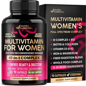 Multivitamin for Women - B-Complex | Whole Foods | Hair Growth Support | Digestion & Metabolism | Iron - 47in1 Womens Multivitamin - Bioavailable & Gentle on Stomach - Made in USA - 90 Capsules