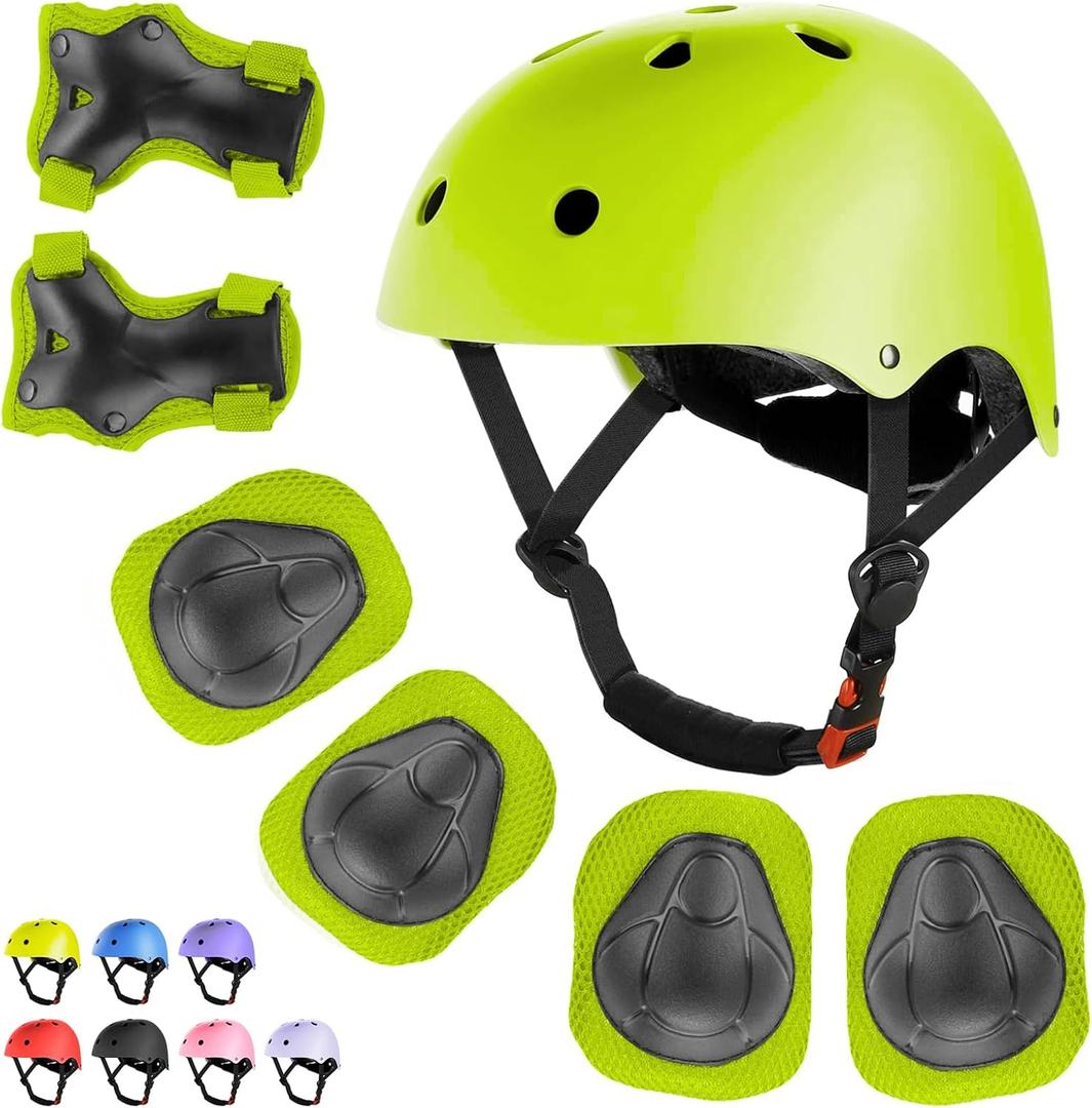 WayEee Kids Bike Helmet Set Skateboard Knee Pads, Helmet Pad Set Protective Gear Set Adjustable for Girls Kids 3-14 Helmet Elbow Pads Wrist Guards for Sport Cycling Bike Roller Skating Scooter (Green)