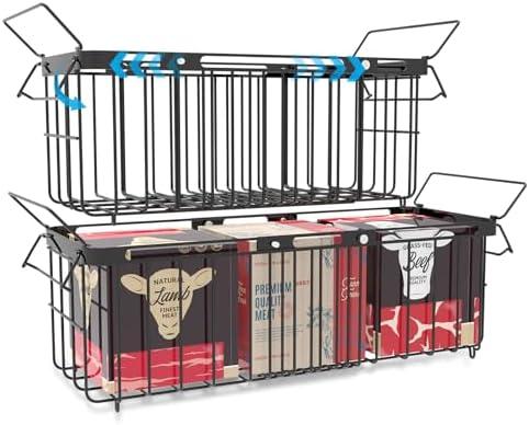 Freezer Organizer Bins, 2 Pack Expandable Stackable Hangable Chest Freezer Containers with Handles, Adjustable From 10.3" to 14.2" Storage Baskets for Fridge, Deep Freezer, Cabinet, Pantry, Kitchen