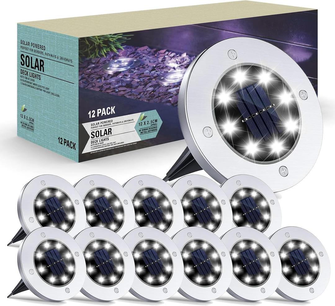 Solar Outdoor Lights - 12 Pack, Waterproof Solar Garden Lights for Landscape, Patio, Pathway, Lawn, Yard, Deck, Driveway, Walkway (White)