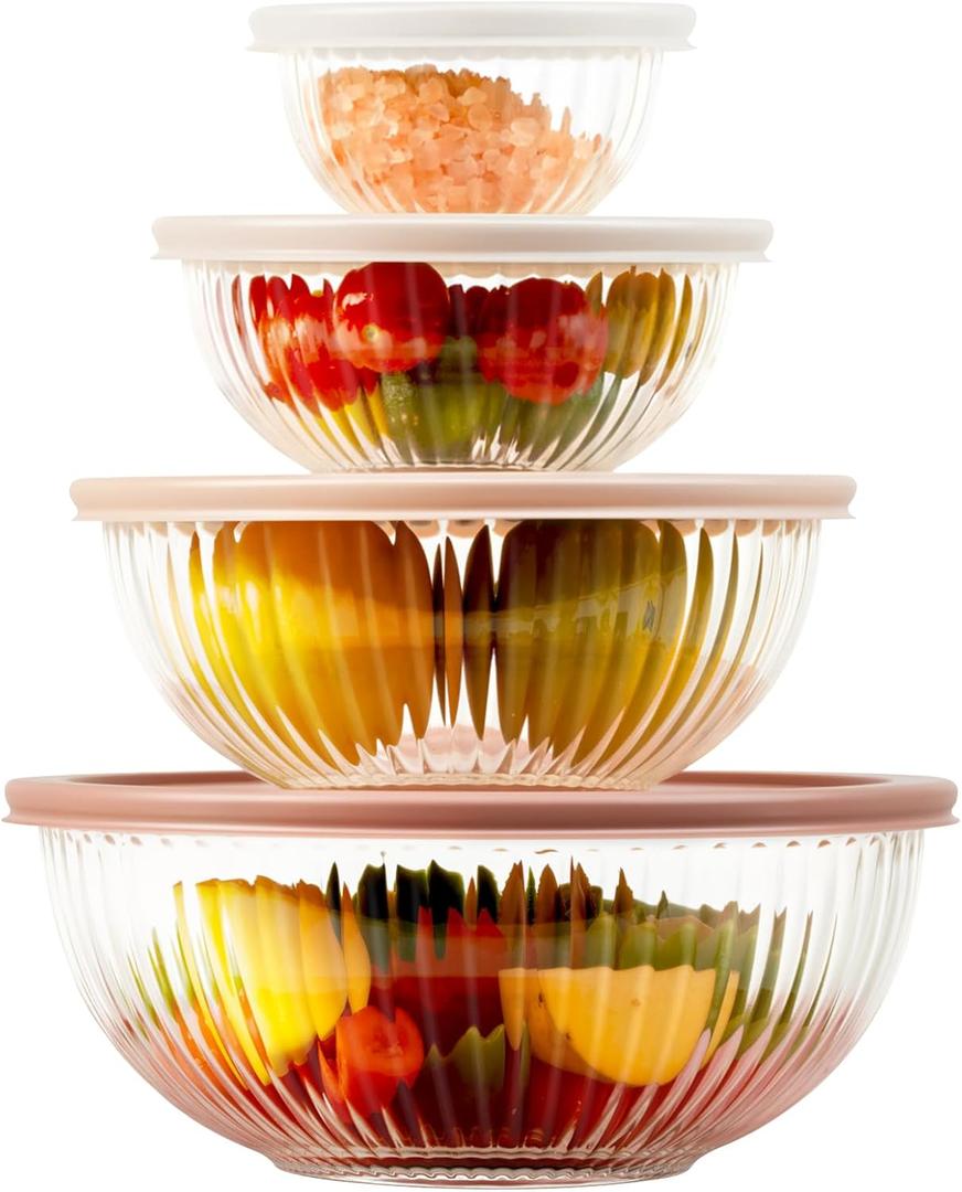 Freshmage Glass Mixing Bowls with Lids Sets, 4 Packs Glass Bowls with Lids for Kitchen Baking, Meal Prepping and Salad, Bpa Free and Dishwasher Safe Serving Bowls, 0.2/0.5/1.1/2.1, Large