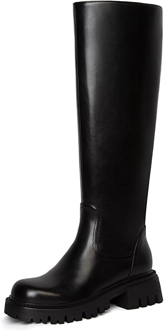 Platform knee high boots women Comfortable Stretch Round Toe Chunky Heel Tall Boots with Side Zip Dress Casual Long Riding Boots (5, Black)