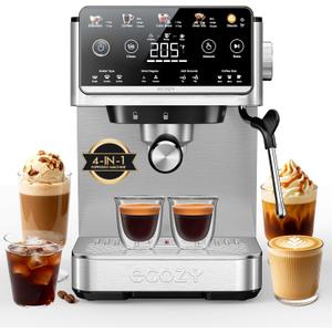 ecozy 4-in-1 Espresso Machine and Coffee Maker Combo with Milk Frother, Cold Brew & Over Ice, Interactive Touch Screen, Stainless Steel, Brezzano Elite Series for Cappuccinos, Lattes, Americanos (Silver)