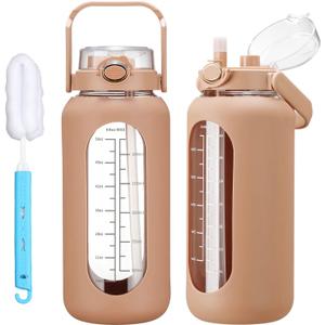 42oz/52oz/64oz Glass Water Bottles with Straw Half Gallon Large Motivational Water Bottle with Time Marker Sports Water Bottles with Silicone Sleeve and Handle Lid Water Jug for Gym Workout (Amber)