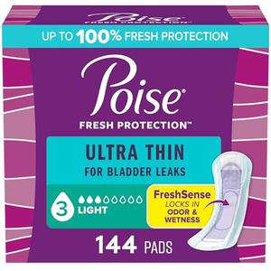 Poise Ultra Thin Incontinence Pads & Postpartum Pads for Bladder Leaks, 3 Drop Light Absorbency, Regular Length, 144 Count