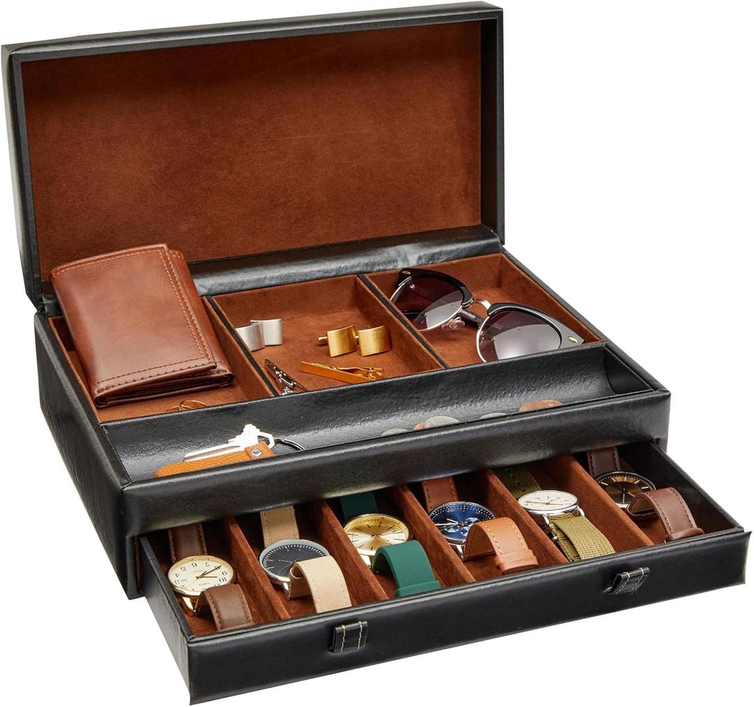 Juvale Mens Jewelry Box Organizer and Holder - Black Watch Box with Leather Valet Tray for Home Improvement - 12.6 x 9 x 4 In