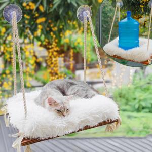 Cat Hammock with Industrial-Grade Suction Cups - Solid Pine Wood Seat, Soft Cushion - 42 Lb Capacity (Medium, Brown/White)