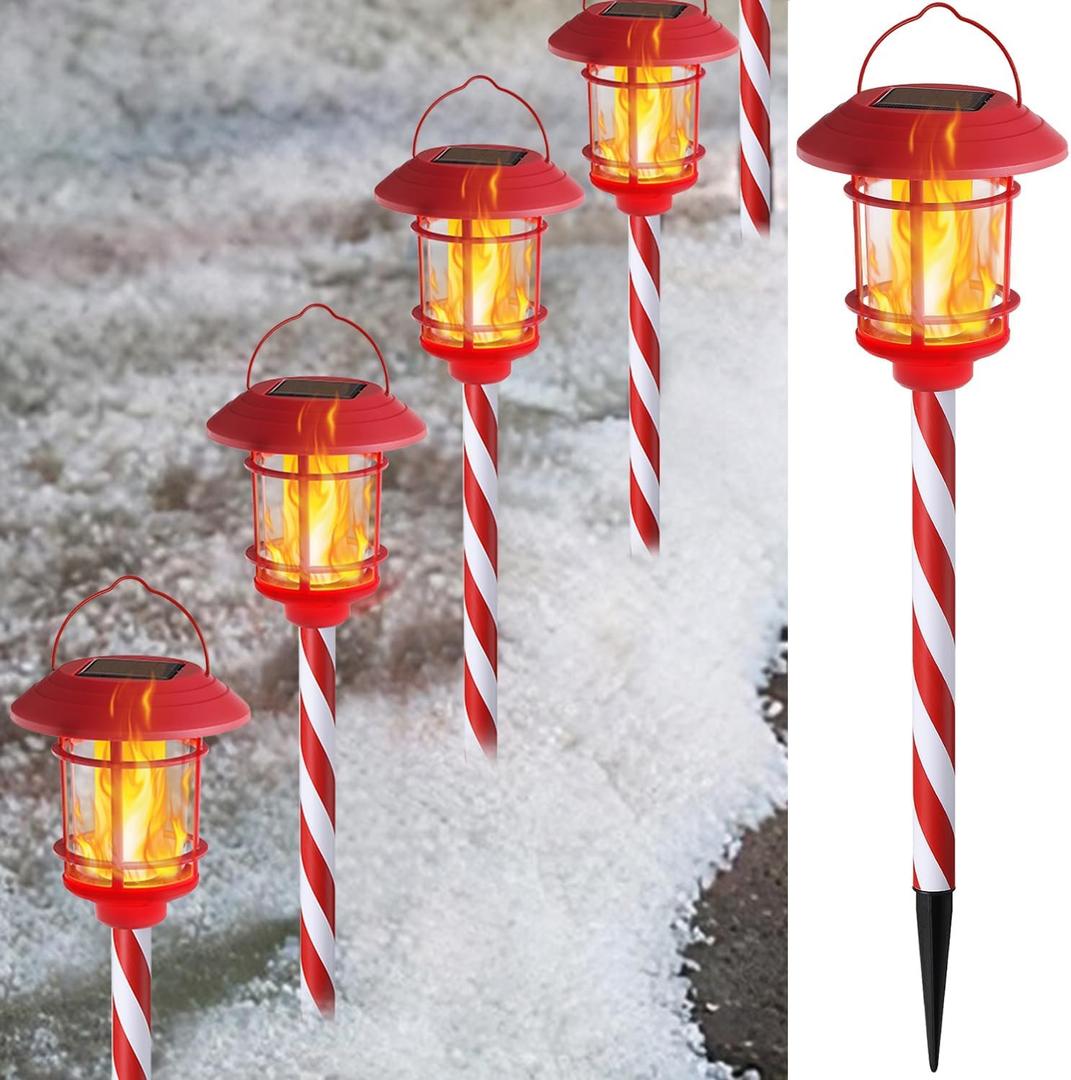 Dynaming 6 Pack Christmas Solar Flame Garden Lights Outdoor, Dual Use Flickering Flame Torch Candy Cane Pathway Marker, Xmas Hanging Lantern Lights, Waterproof & Auto On/Off for Patio Walkway Driveway (Red and White)