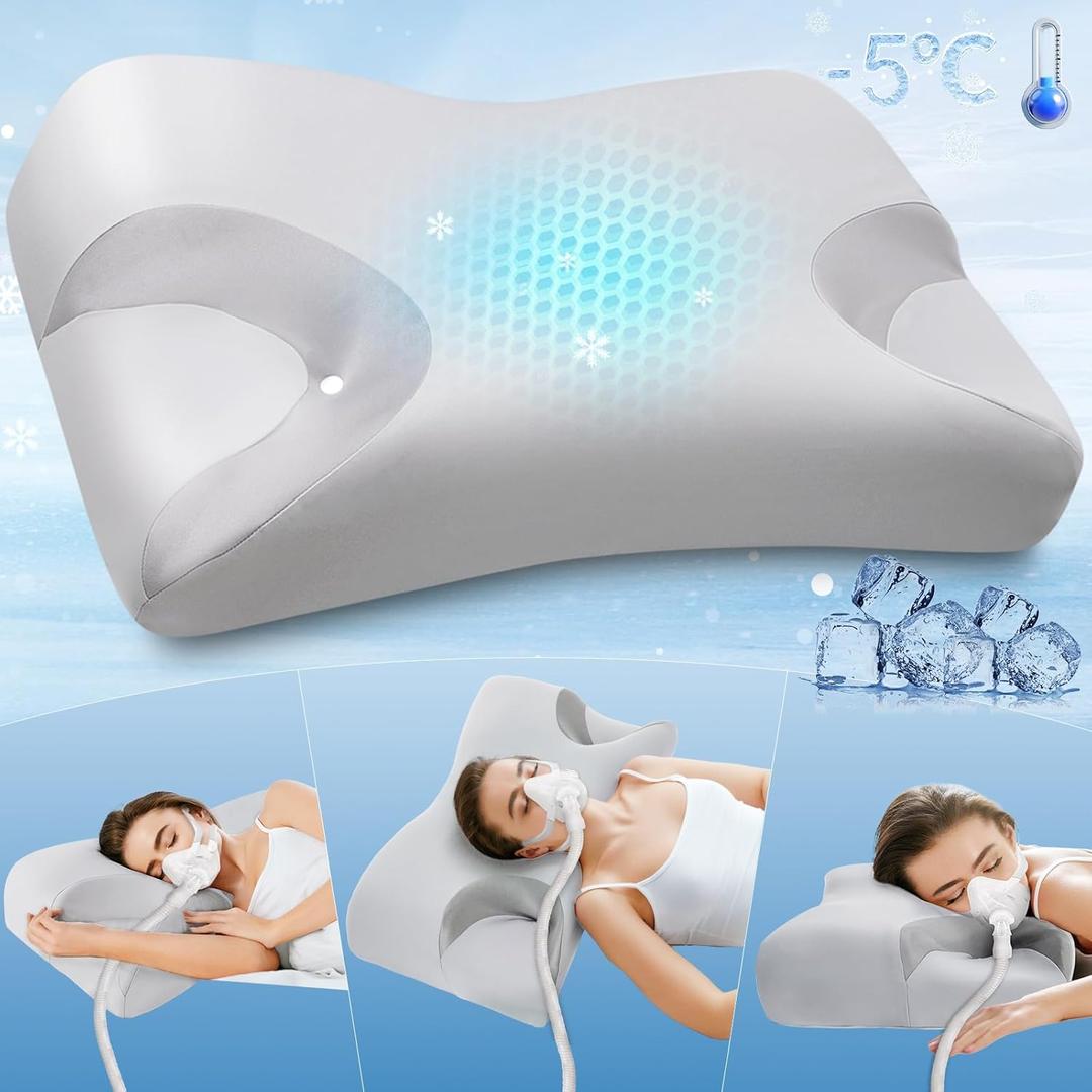CPAP Pillow for Side Sleepers for Neck Shoulder Pain Relief with Cooling Pillowcase - Memory Foam Neck Support Pillow for Side, Back & Stomach Sleeping - Reduce Air Leak/Mask Pressure for Better Sleep (Queen-22.8"L*14.9"W*(3.9"/3.7")H, Gray)