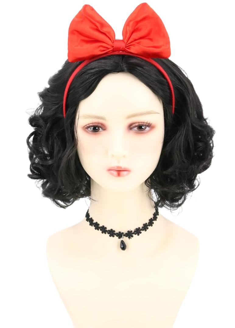 Women Wig Short Curly Bob Wigs Black Princess Wig with Bow Headband for Halloween Costume Party Cosplay Wig