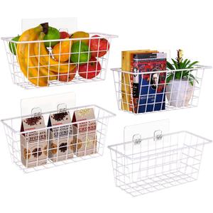 MaraFansie Wall Wire Baskets Adhesive Basket Hanging Kitchen Baskets No Drilling for Cabinet & Pantry Organization and Kitchen, Bathroom, Bedroom Storage, 4 Pack, White