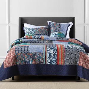 King Quilt Sets, 100% Cotton Quilts King Size, Navy Bedspreads, Patchwork with Retro Bohemian Floral Patterns, 3-Piece Lightweight Bedding Coverlet for All Season (1 Quilt + 2 Pillow Shams)