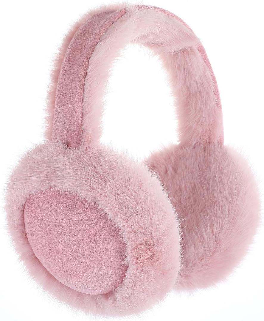 Tavaleu Ear Muffs for Winter Women, Foldable Fuzzy Earmuffs Faux Fur Warm Ear Warmers Covers Cold Weather (Fluff - Pink)