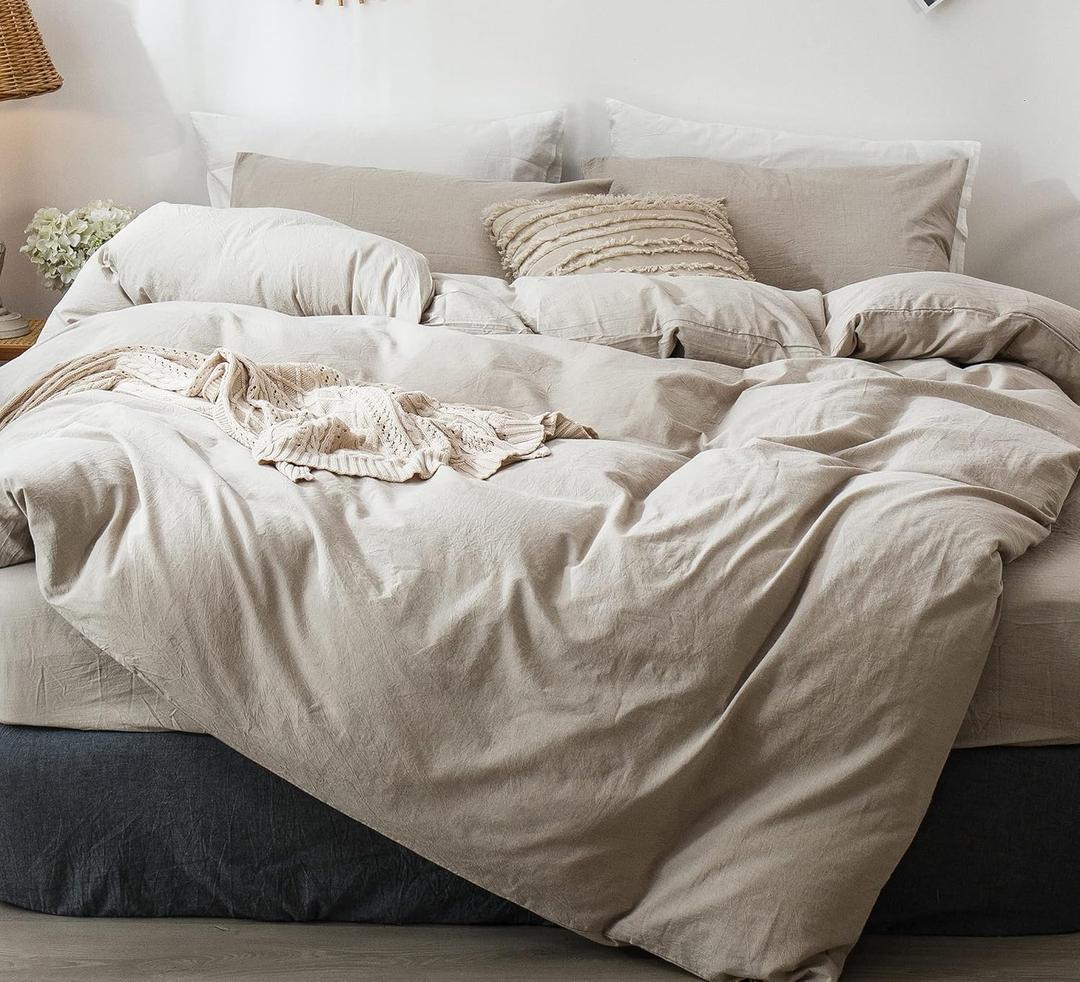 MooMee Bedding Duvet Cover Set 100% Washed Cotton Linen Like Textured Breathable Durable Soft Comfy (Heathered Tannish Linen Grey, King 104"x90")