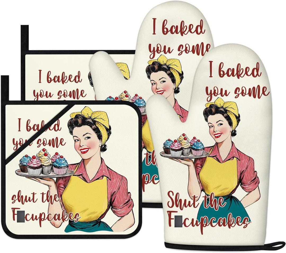 Funny Oven Mitts for Women Yellow Kitchen Accessories and Decor Oven Mitt Sets Retro Humor House Warming Cooking Baking Gifts for Mom Wife Sister (Beige, Oven Mitts & Pot Holders)