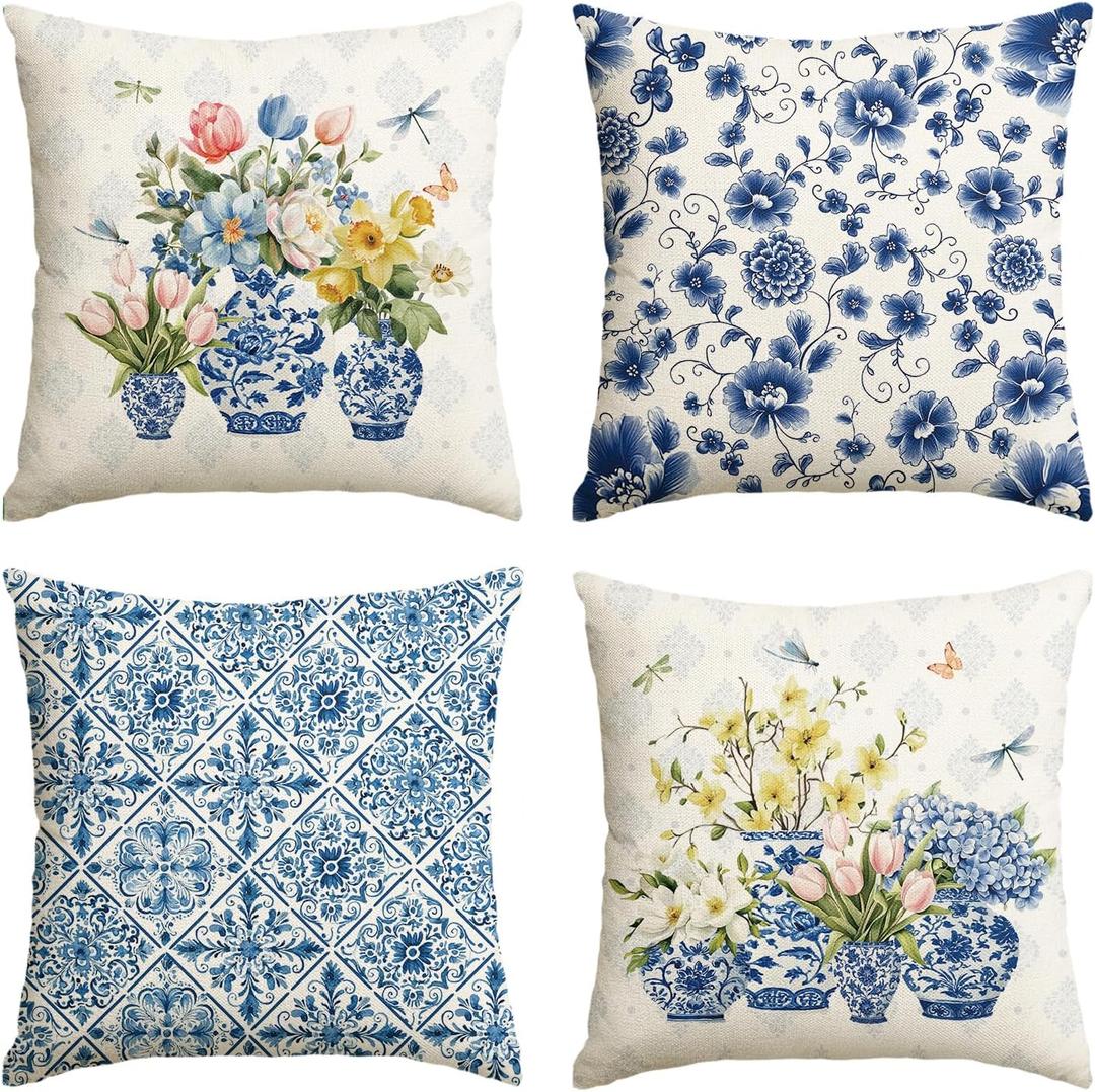 AVOIN colorlife Porcelain Vase Chinoiserie Floral Throw Pillow Covers, 18 x 18 Inch Spring Summer Flowers Cushion Case Decoration for Sofa Couch Living Room Home Decor Set of 4
