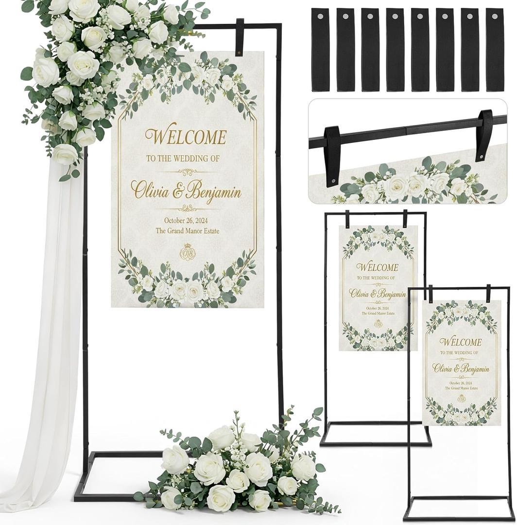 Blulu 3 Pack Wedding Sign Holder Adjustable Metal Wedding Sign Stand with 8 Leather Straps Floor Display Easel Stand for Welcome Seating Chart Ceremony Reception Decor(Black)