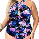 Daci Women Purple Flower Plus Size Swimsuits Tummy Control One Piece Bathing Suits Front Cross Keyhole Swimwear 20 Plus