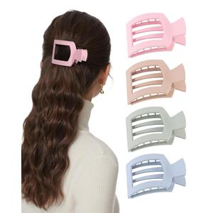 AWAYTR Flat Hair Clips For Women Lay Flat Claw Clip for Hair 4Pcs Large Square Hair Claw Clips (Pink+Blue+Green+Light Yellow)