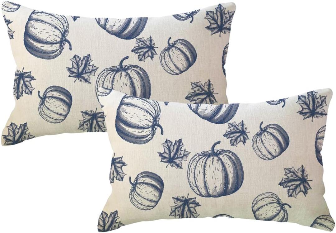 3 x Fall Pumpkins Throw Pillow Covers 18x18 with Maple Leaves Farmhouse Autumn Harvest Thanksgiving Decorative Lumbar Pillowcases Seasonal Decor Cushion Covers 2Pack for Sofa/Couch/Porch (Blue)