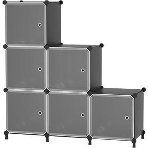 Cube Storage Organizer, 6-Cube Shelves Unit with Doors, DIY Stackable Plastic Clothes Organizer for Bedroom and Under Stairs Storage Unit, Each Compartment 30 x 30 x 30 cm Black ATTSL6001