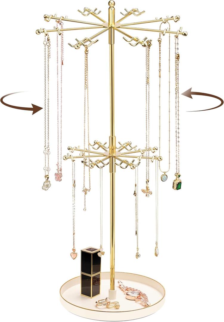 2 Tier Rotating Necklace Holder Jewelry Stand, Necklace Holder Organizer with 64 Hooks, Metal Spinning Jewelry Display Stand for Long Necklace Earring Bracelet Craft Tree Stand for Women Gold