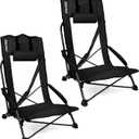SPORT BEATS Low Beach Chairs Set of 2 Folding Beach Chairs High Back Support with Head Pillows Shoulder Straps (Black)