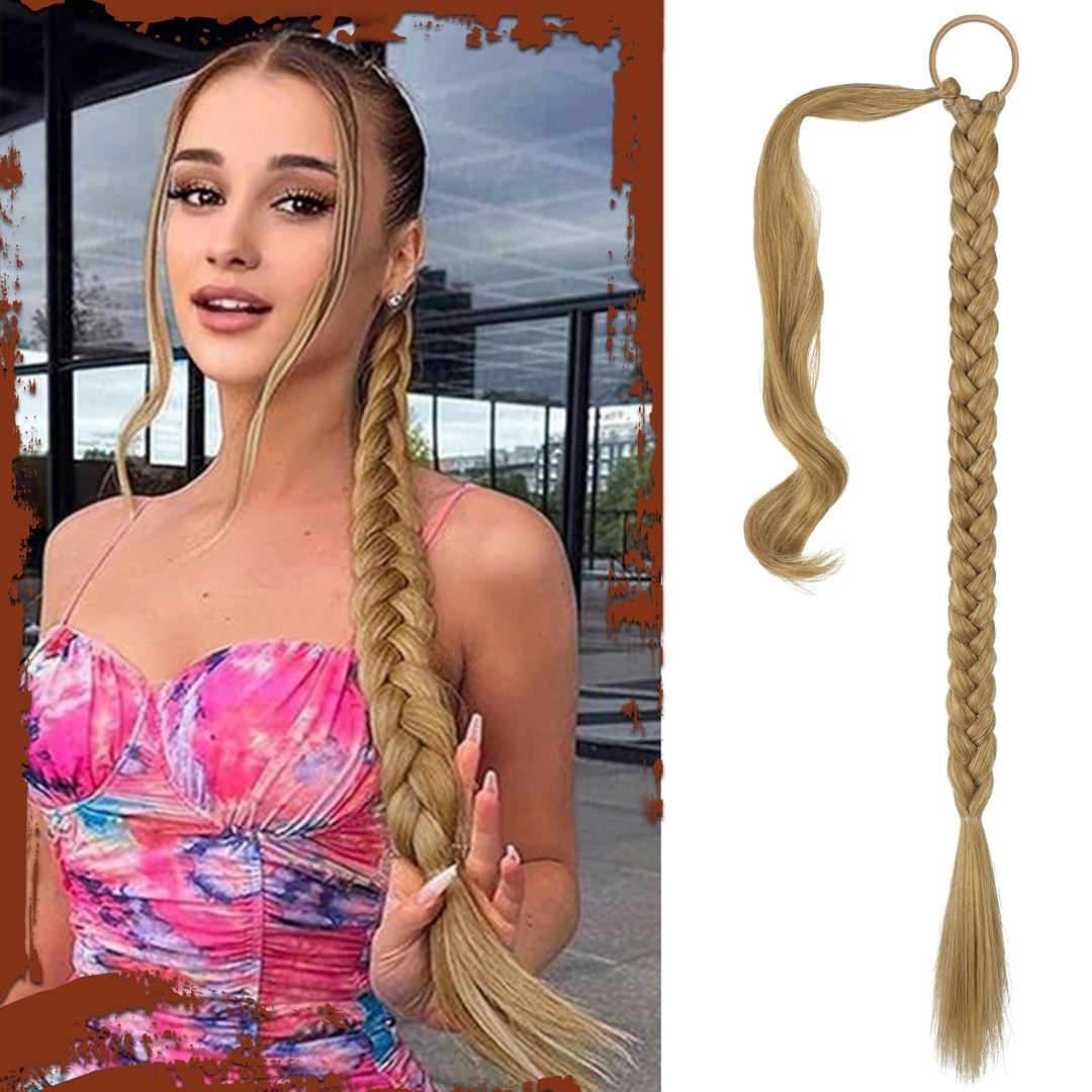 SOFEIYAN Long Braid Ponytail Extension with Hair Tie Straight Sleek Wrap Around Hair Extensions Braid Pony Tail Fluffy Natural Soft Synthetic Hairpieces for Women Daily Wear, 30 inch (Blonde with Pale Gold Highlights)