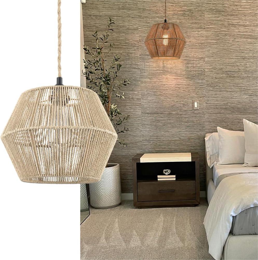 DANSEER Plug in Pendant Light Hemp Rope Hanging Light with Plug in Cord Boho Hanging Lamp Woven for Kitchen Island Living Room On/Off Switch (Type 1)