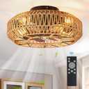 LEDIARY 20in Boho Ceiling Fans With Lights And Remote, Rattan Caged Ceiling Fan, Farmhouse Bamboo Flush Mount Ceiling Fan For Bedroom, Living Room, Kitchen(6 Speed, Timing, No Beep)