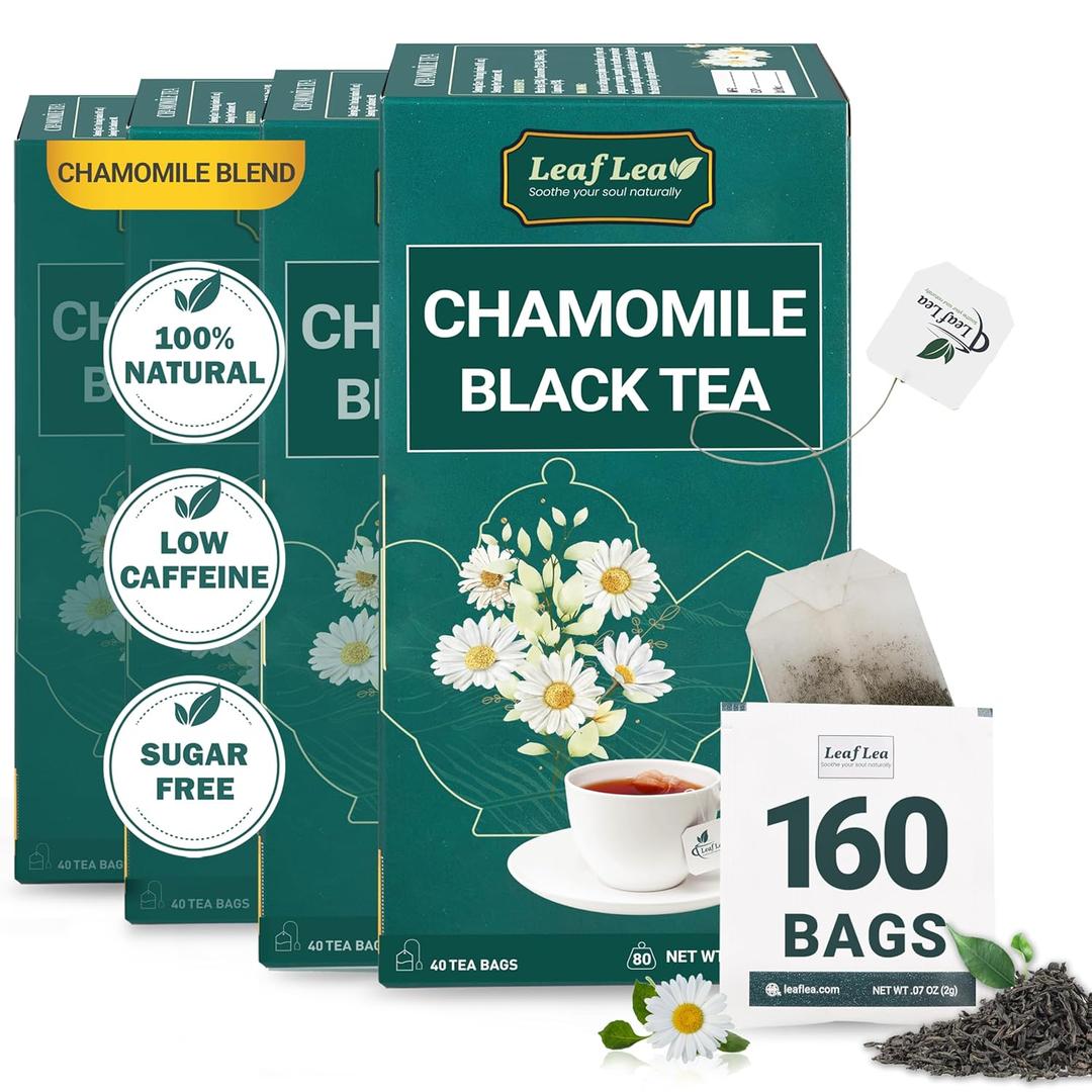 LeafLea Black Tea Blend with Chamomile - Premium 160 Manzanilla Tea Bags (Pack of 4) For Relaxation, Chamomile Tea For Digestive Comfort, Stress Reduction, Non-GMO, Vegan