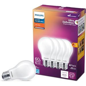 PHILIPS LED 60W A19 4-Pack Ultra Definition Soft White (2200K) 800 Lumen (8W=60W) Dimmable Flicker Free Light Bulbs