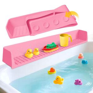 Splash Guard for Bathtub Kids - Silicone Bathtub Splash Guard with 11 Suction Cups, Bath Tub Play Shelf for Kids & Toy Holder, Prevent Water Spill in Bathroom, Fun Bath Time for Toddlers Baby, Pink