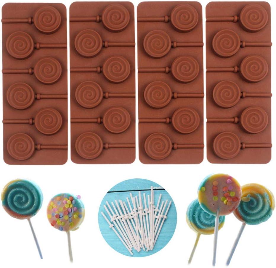 Round Silicone Mold for Lollipop Hard Candy Chocolate Cake Decorating With 24pcs Reusable Sticks Swirl Shape Set of 4