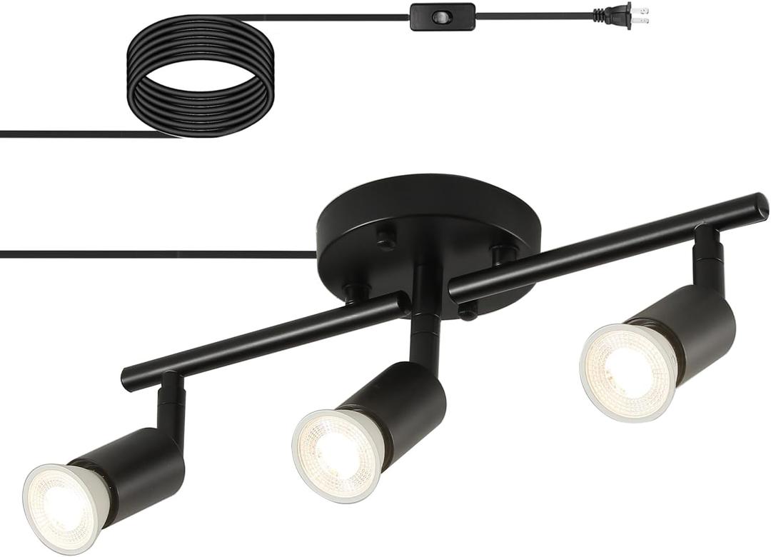 Plug in Track Light Black 3 Light Plug in Ceiling Lighting Fixture with 16.4' Long Cord,4 Way Ceiling Spotlight, Rotatable Wall Mount Light Head, Bulbs Not Included