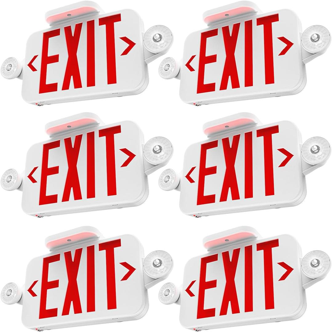 Sunco 6 Pack LED Exit Sign With Emergency Lights, Red, Two Mini Adjustable Lights, 94V-0 Fire Resistant, Backup Battery, 2.3W 6000K Daylight Deluxe, 200 Lumens 120-277V, Wall Or Ceiling Mount UL