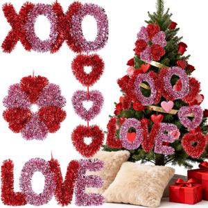 Soulchen 4 Pcs 13.78 Inch Valentine's Day Tree Decorations Large Heart Glitter Tinsel Ornaments Love XOXO Valentine Heart Tree Topper Red Pink Metallic Foil Wreath for Party Door Wall Indoor Outdoor