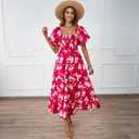 Summer Bright Floral Dress for Women 2025 - Versatile Square Neck or Off-Shoulder with Puff Sleeve for Casual, Beach (Pink, S)