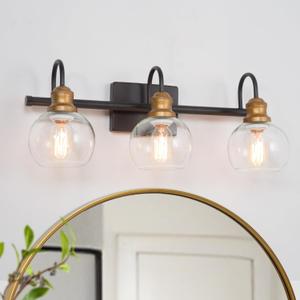 KSANA Farmhouse Bathroom Light Fixture, Modern Black Gold 3-Light Vanity Light with Opening Clear Glass Shade, Modern Antique Brass Wall Lamp Over Mirror