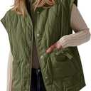 Cicy Bell Womens Puffer Quilted Vest Lightweight Stand Collar Cap Sleeve Jackets Button Down Padded Gilet Winter Outerwear (Green)