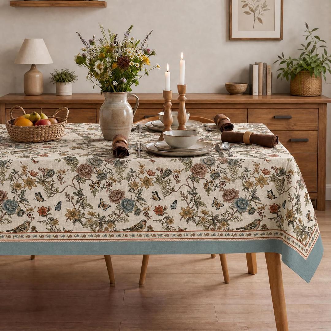 Horaldaily Spring Tablecloth 60x140 Inch Rectangular, Vintage Boho Style Rose Peony Butterflies Birds Floral Green Washable Seasonal 250GSM Table Cover for Party Picnic Dinner Decor