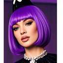 Dark Purple Bob Wig With Bangs 12 Inch Short Synthetic Fiber Bob Wigs for Women Short Bob Wigs and Halloween Cosplay Wig for Daily Life Colorful Wigs With One Cap (Dark Purple)