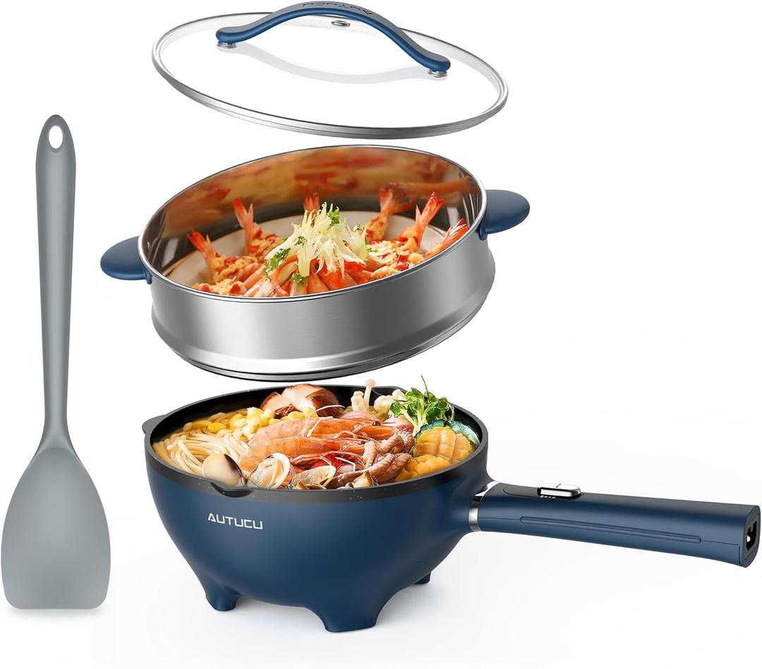 AUTUCU 3-Quart Electric Hot Pot & wok Nonstick with Steamer | Electric Skillet 1200W for Dorm, Home, Gifts, Navy Blue