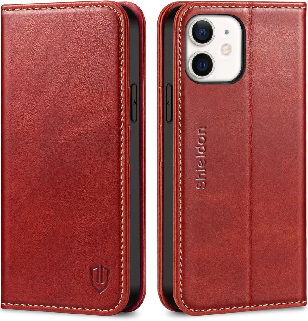 SHIELDON Wallet Case for iPhone 12 Pro 6.1", Genuine Leather Folio Case Kickstand and RFID Blocking Credit Card Slots Magnetic Closure Compatible with iPhone 12/12 Pro - Retro Red