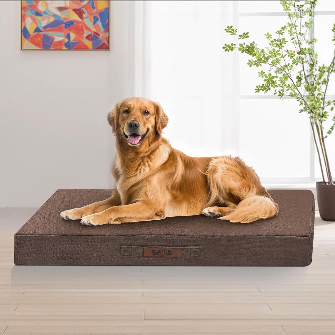 Sytopia 42" Indestructible Dog Bed Extra Large Sized Dog, Chew Proof Waterproof Pet Bed, Washable, Orthopedic, Outdoor Crate Pad, Supports up to 100 lbs, Caramel