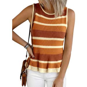 Cicy Bell Womens Striped Sweater Vest Summer Casual Sleeveless Ruffle Knit Tank Tops Crew Neck Lightweight Shirts (Brown, S)