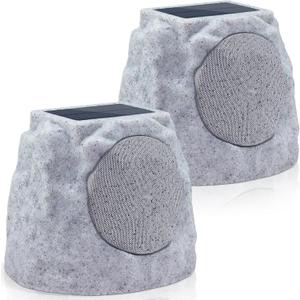 2-Pack Rock Speakers Outdoor Water-Resistant IP44, Multi-Sync Up to 100 Speakers, Solar-Powered Rock Speaker with Light for Patio Garden Party Pool Deck Yard Outside